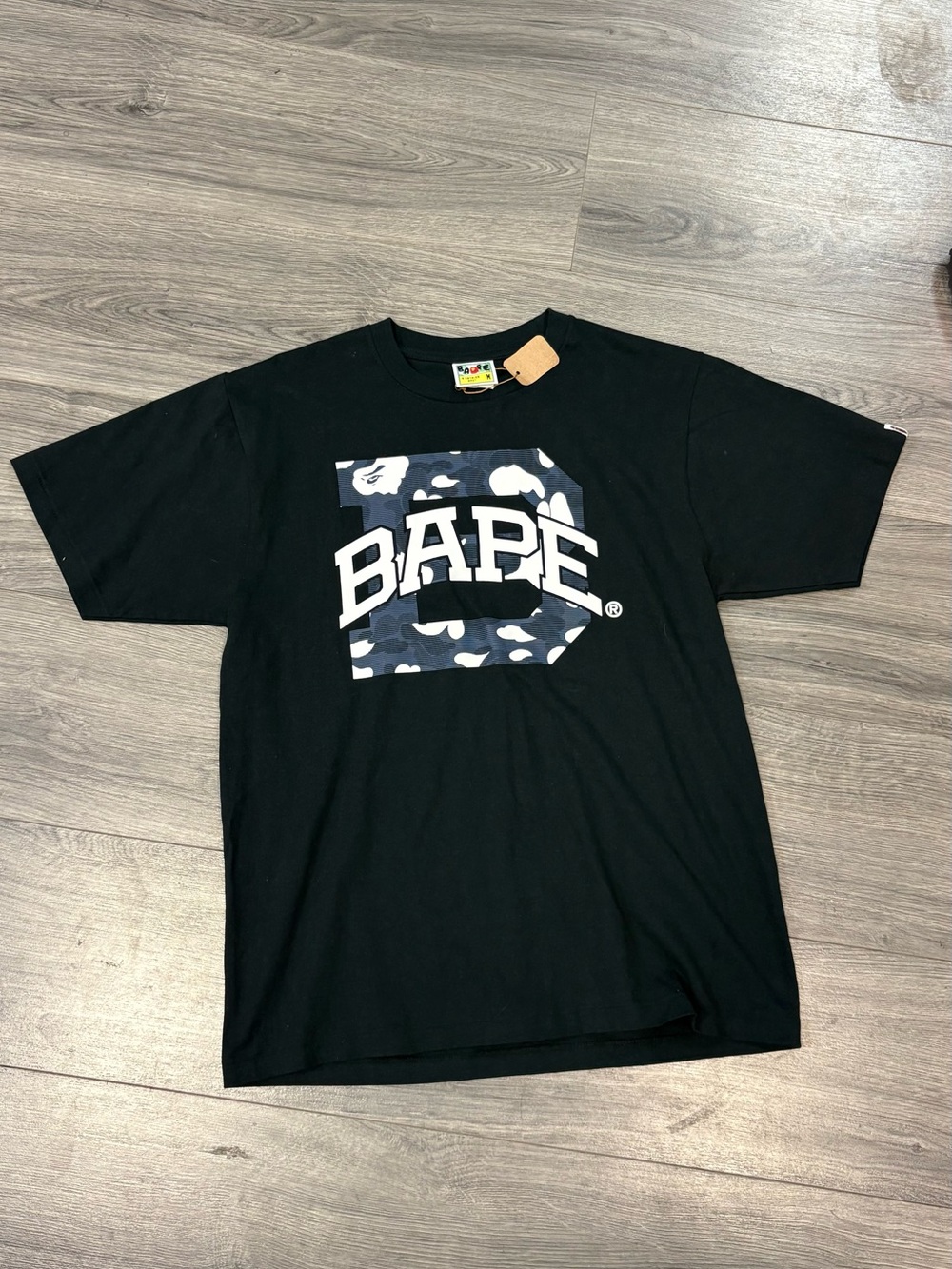 Bape Black T-Shirt with Blue/Gray Camo 'BAPE' Logo